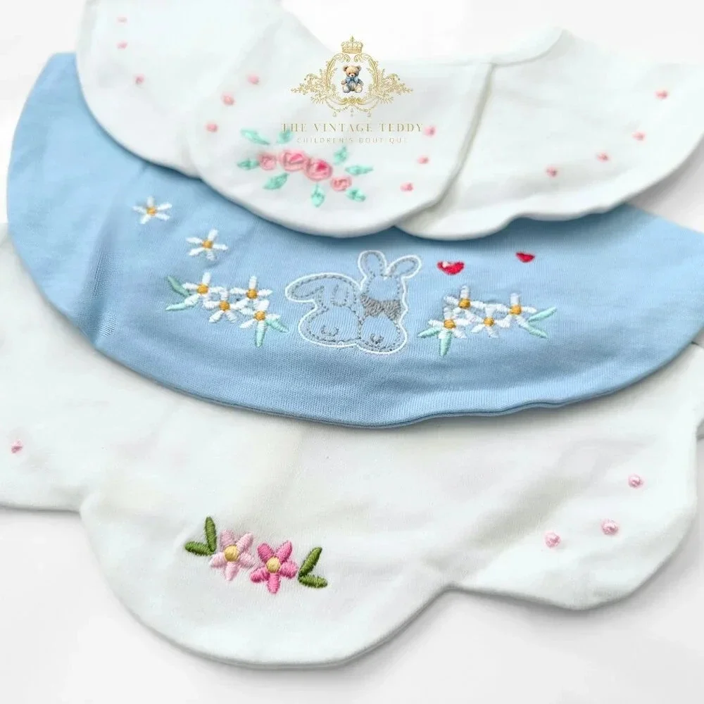NWT Lovely Boutique Embroidered Girls Baby Bibs Flowers & Cute Bunnies Set of 3